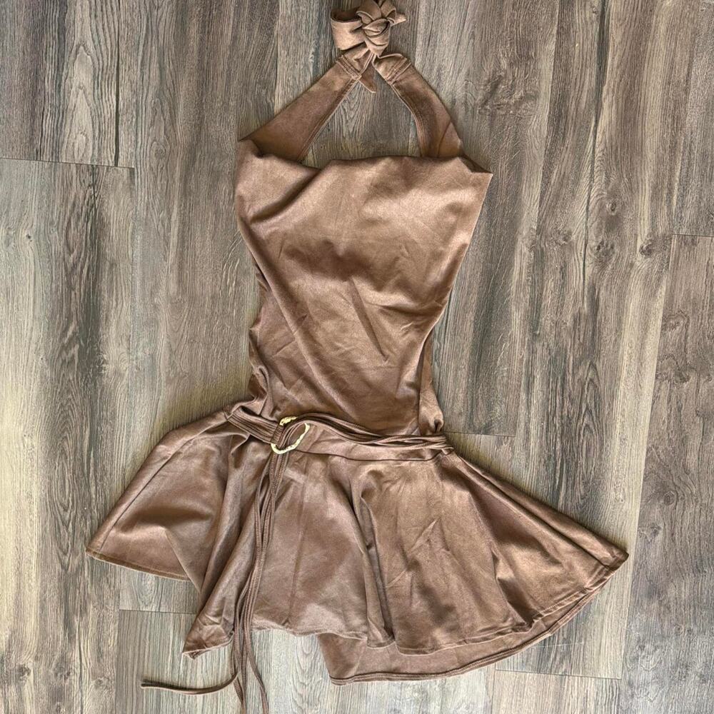 Brown faux suede halter top